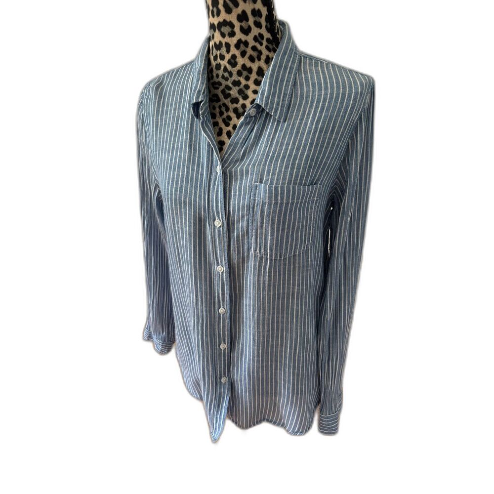 Lucky Brand Medium Blue White Stripe Soft Button Down Shirt Boho Coastal Preppy